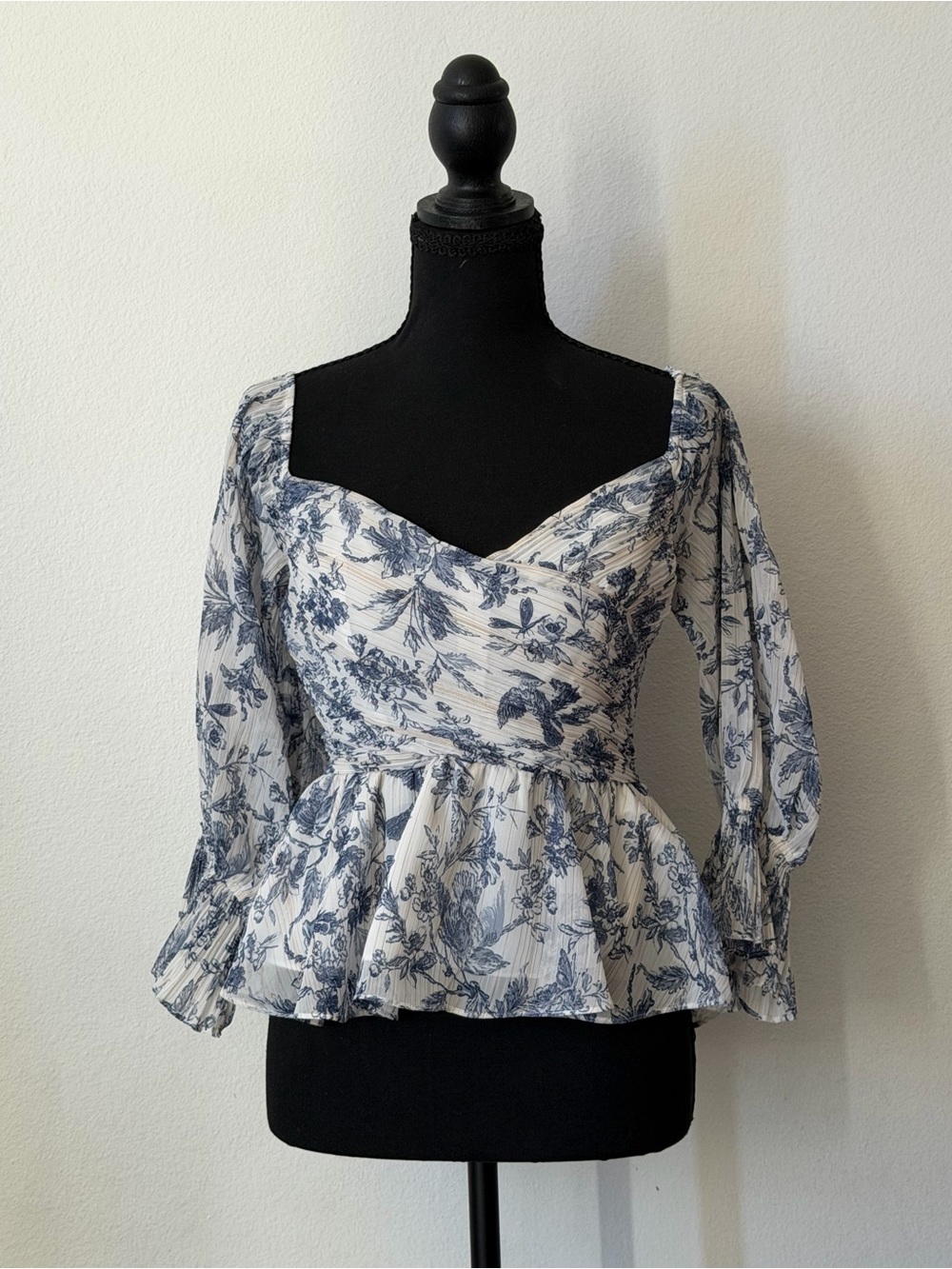 Blue & White Floral Peplum Blouse Sweetheart Neck Long Sleeve Top